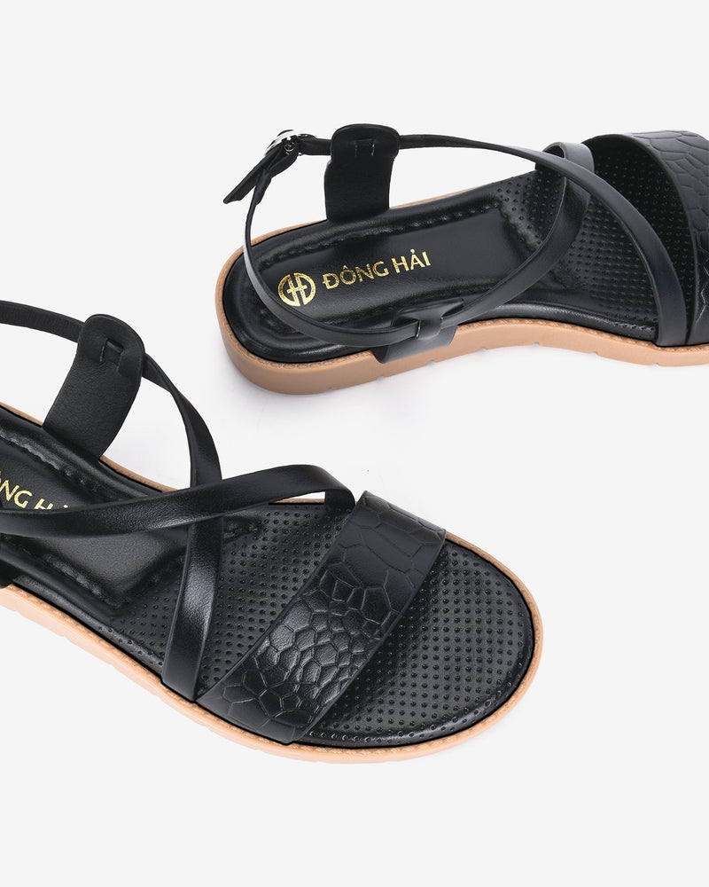 Giày Sandals Nữ Đông Hải Quai Ngang Da Dập Vân-S7428Đen Color2