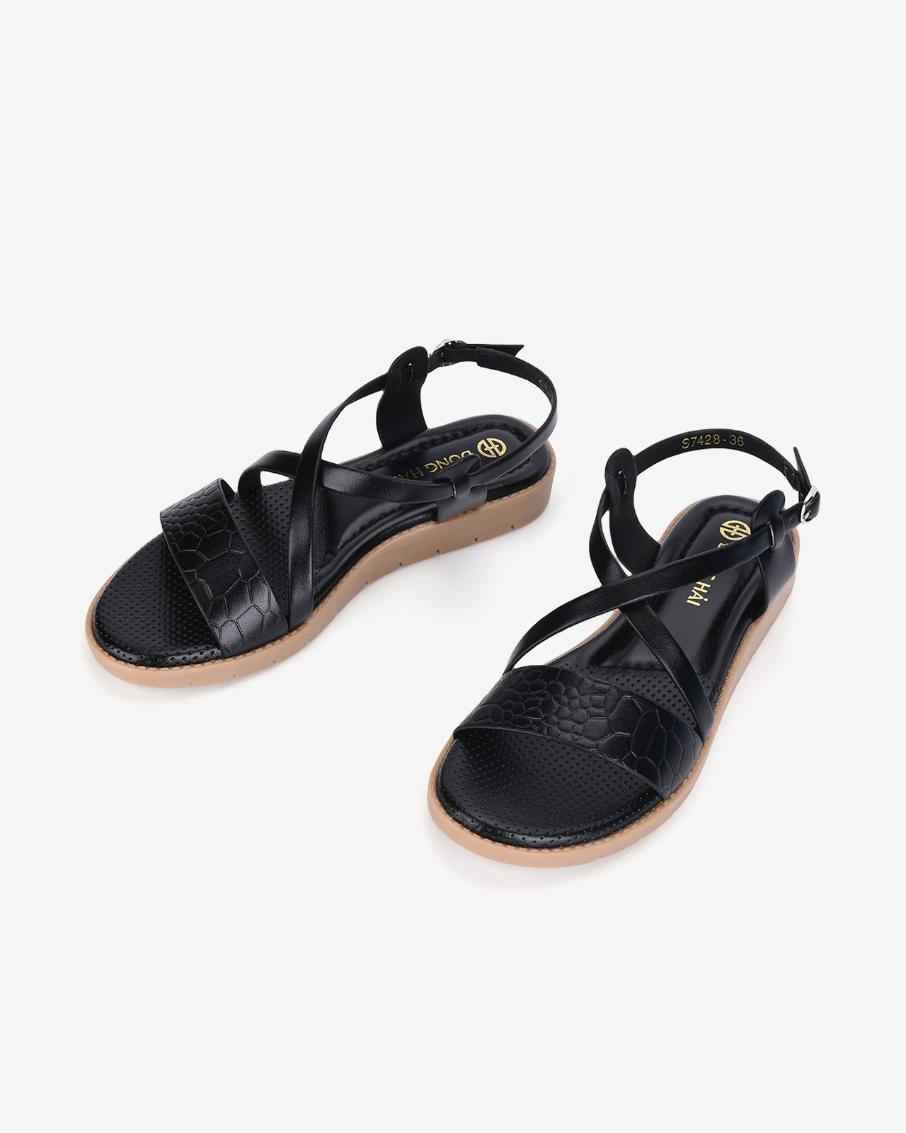 Giày Sandals Nữ Đông Hải Quai Ngang Da Dập Vân-S7428Đen Color1