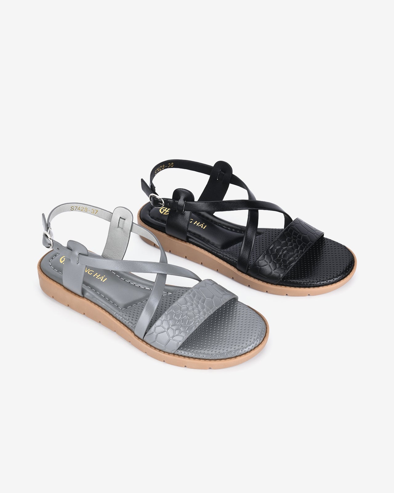 Giày Sandals Nữ Đông Hải Quai Ngang Da Dập Vân-S7428Xám Color2