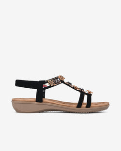Giày Sandal Zucia Quai T-Strap Đính Hoa-SHLE3-Đen Color2First