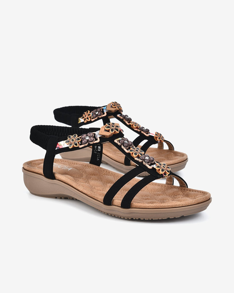Giày Sandal Zucia Quai T-Strap Đính Hoa-SHLE3-Đen Color1