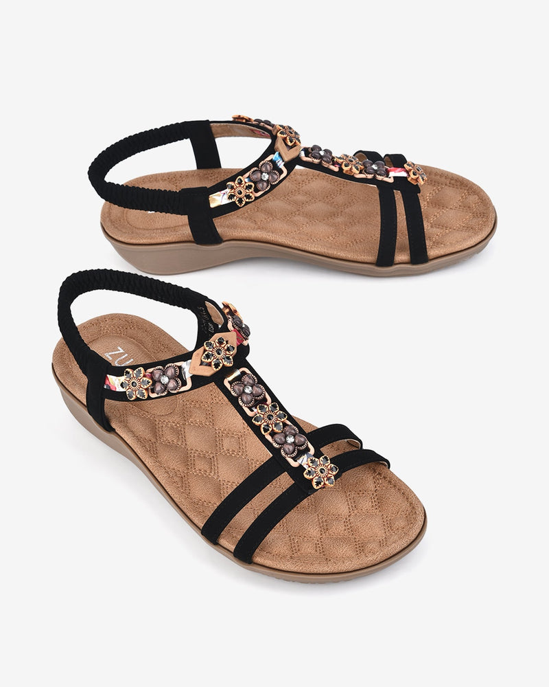 Giày Sandal Zucia Quai T-Strap Đính Hoa-SHLE3-Đen Color1