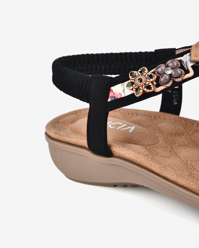 Giày Sandal Zucia Quai T-Strap Đính Hoa-SHLE3-Đen Color2