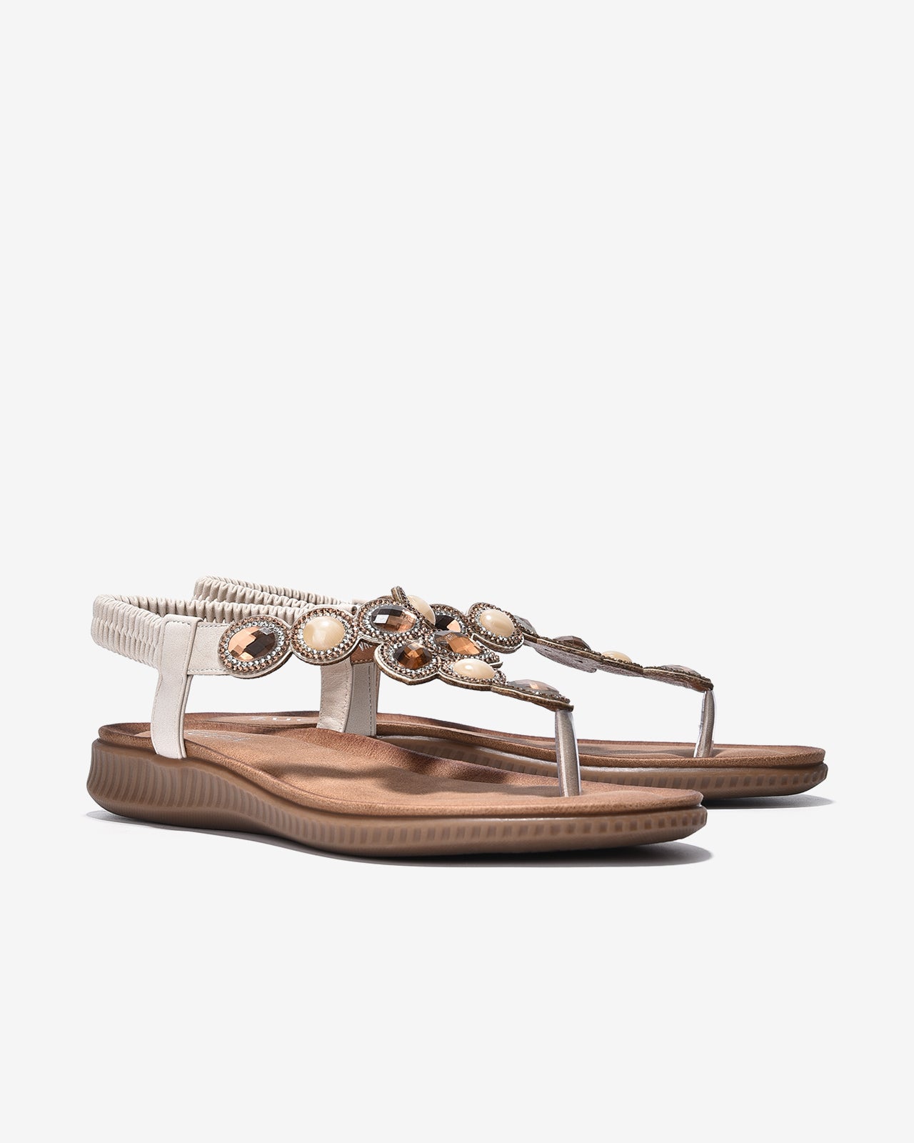 Giày Sandal Zucia Đế Bằng Quai Phối Đá-SHLH1Kem Color1