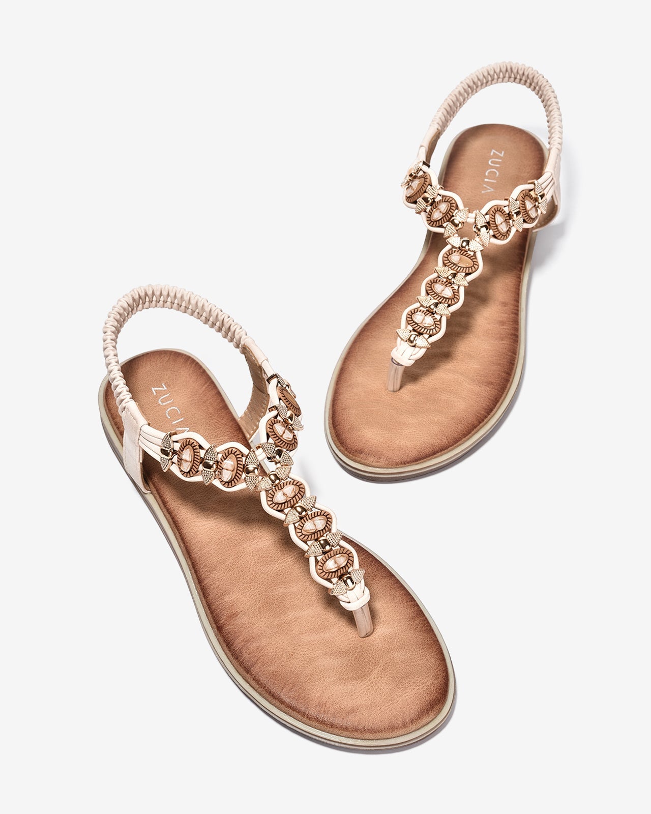 Sandal Kẹp Nữ Zucia Đính Charm Kim Loại Phối Hạt-SHLK8-Kem Color1