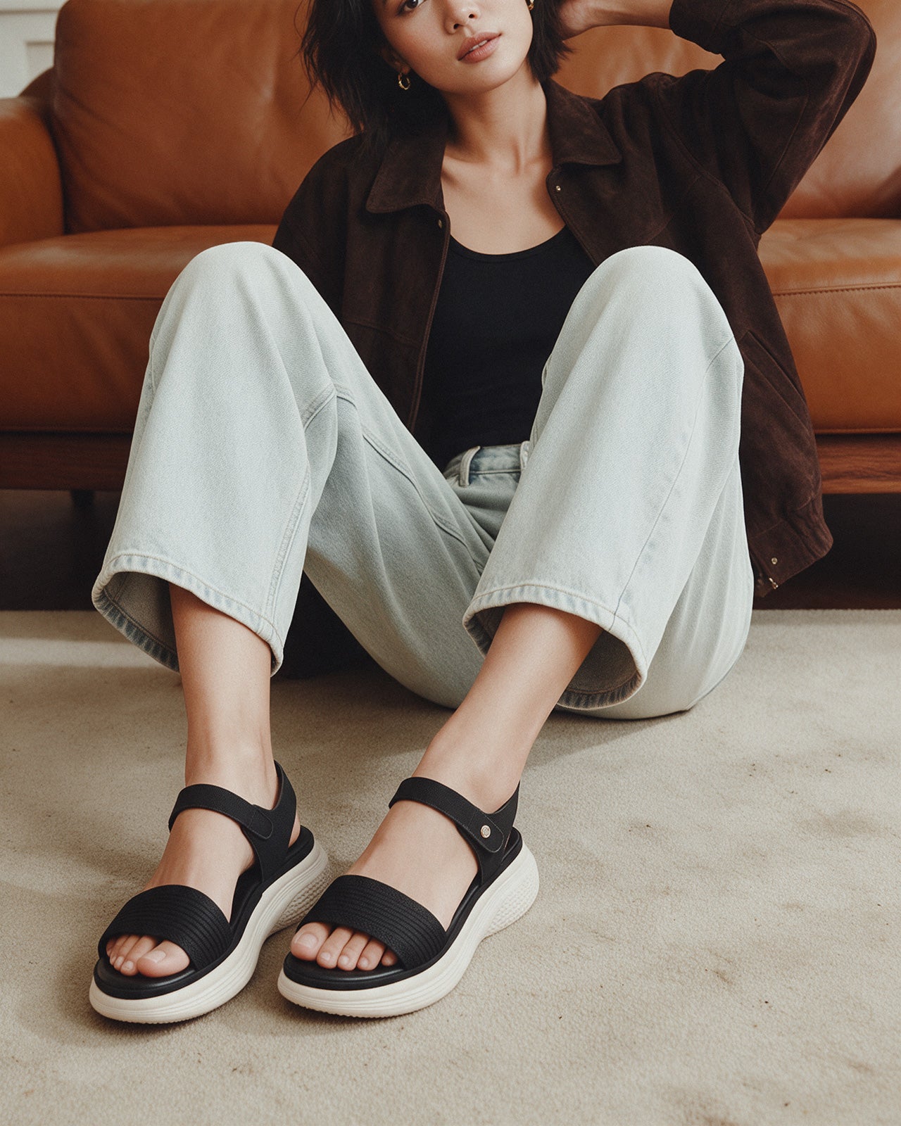 Sandal Nữ Zucia Đế Bằng 5cm Êm Mềm Vững Vàng-SRXF8Đen Color1