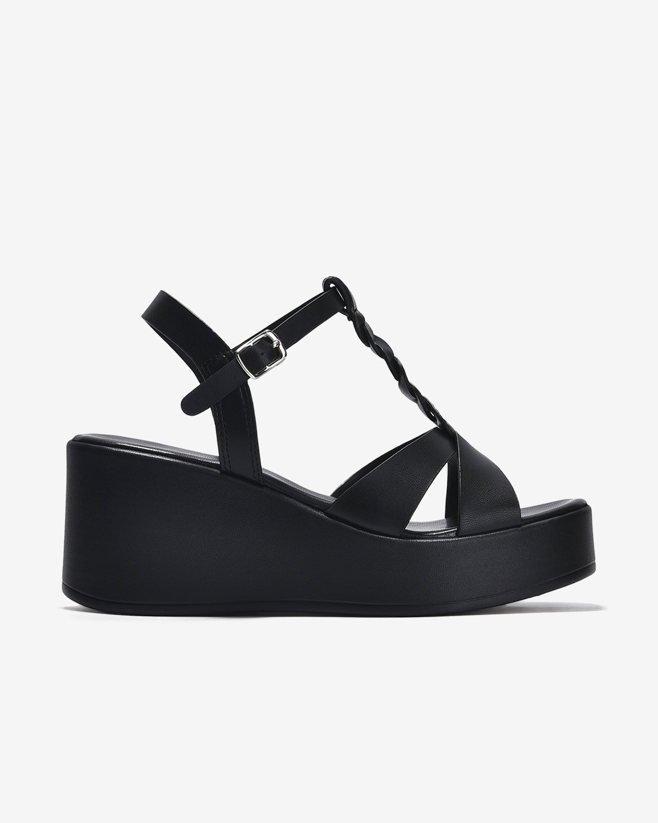 Giày Sandal Xuồng Đông Hải Quai T-Strap Đan Xoắn-S32F7Đen Color1First