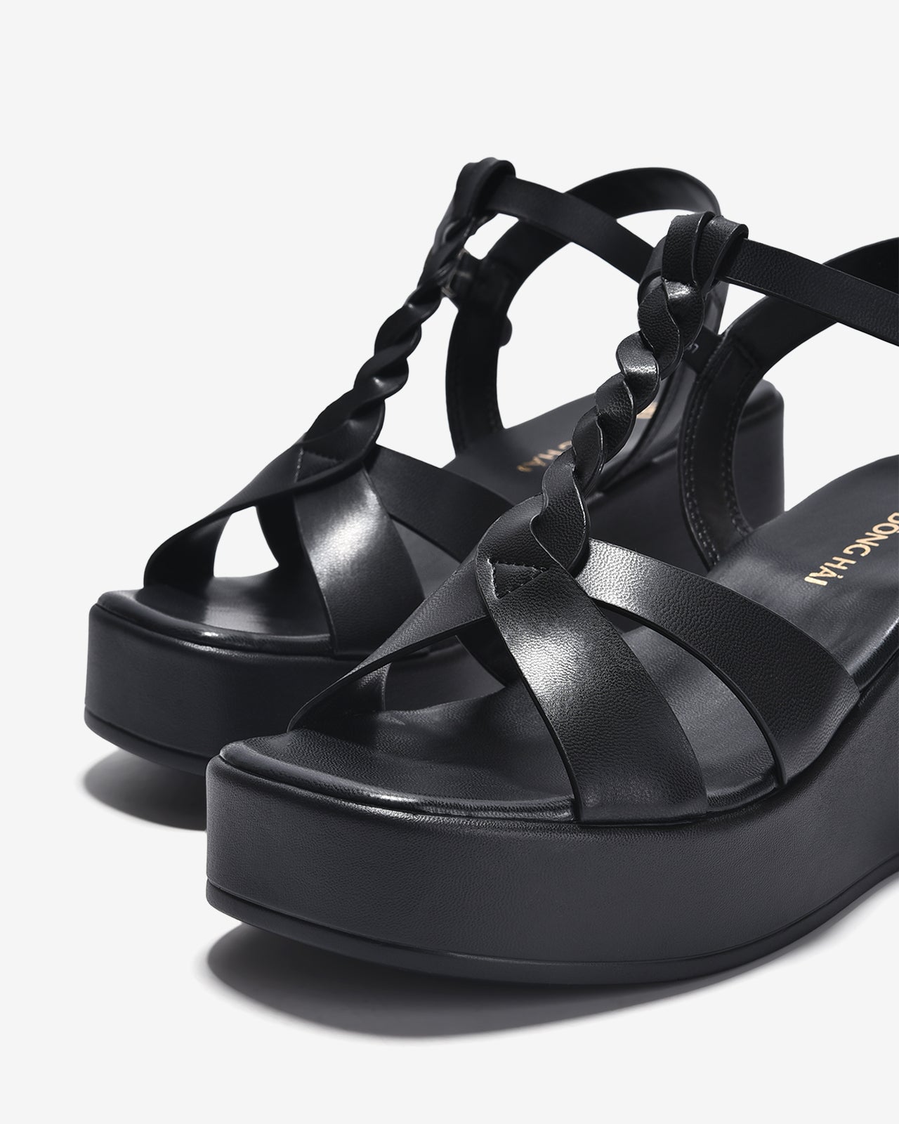Giày Sandal Xuồng Đông Hải Quai T-Strap Đan Xoắn-S32F7Đen Color1