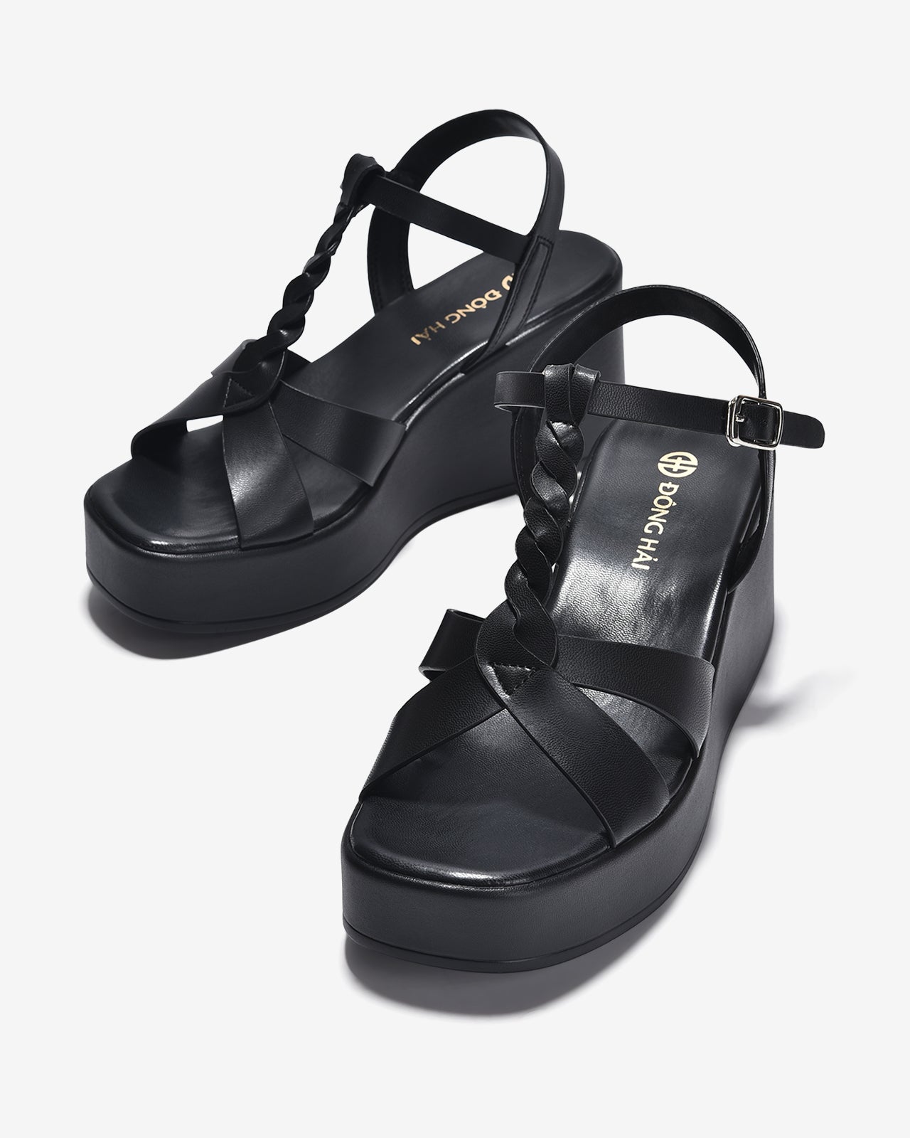 Giày Sandal Xuồng Đông Hải Quai T-Strap Đan Xoắn-S32F7Đen Color1