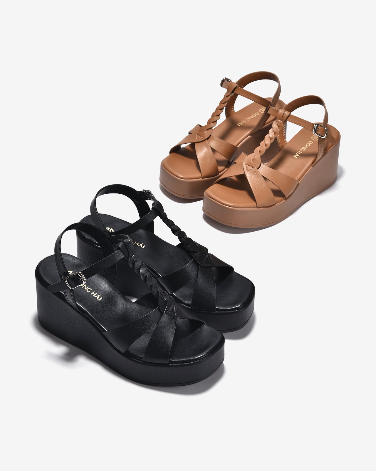 Giày Sandal Xuồng Đông Hải Quai T-Strap Đan Xoắn-S32F7Đen Color1