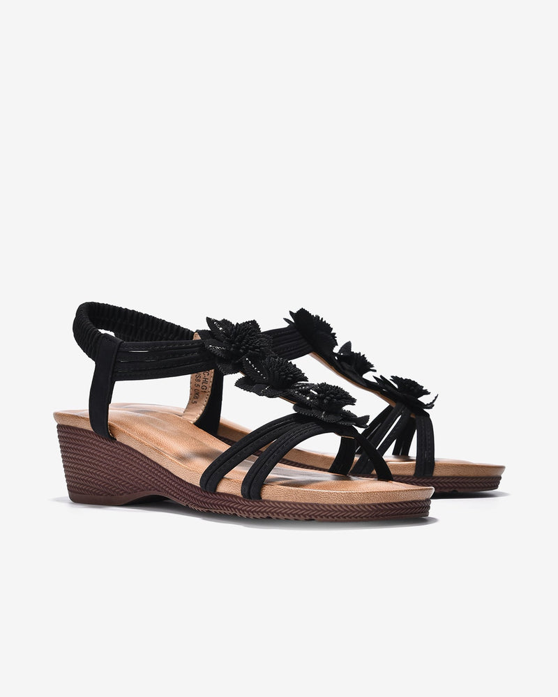 Giày Sandal Xuồng Zucia Quai T-Strap Phối Hoa-SHLG1Đen Color2