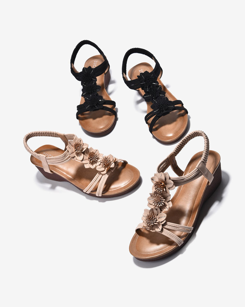 Giày Sandal Xuồng Zucia Quai T-Strap Phối Hoa-SHLG1Đen Color1