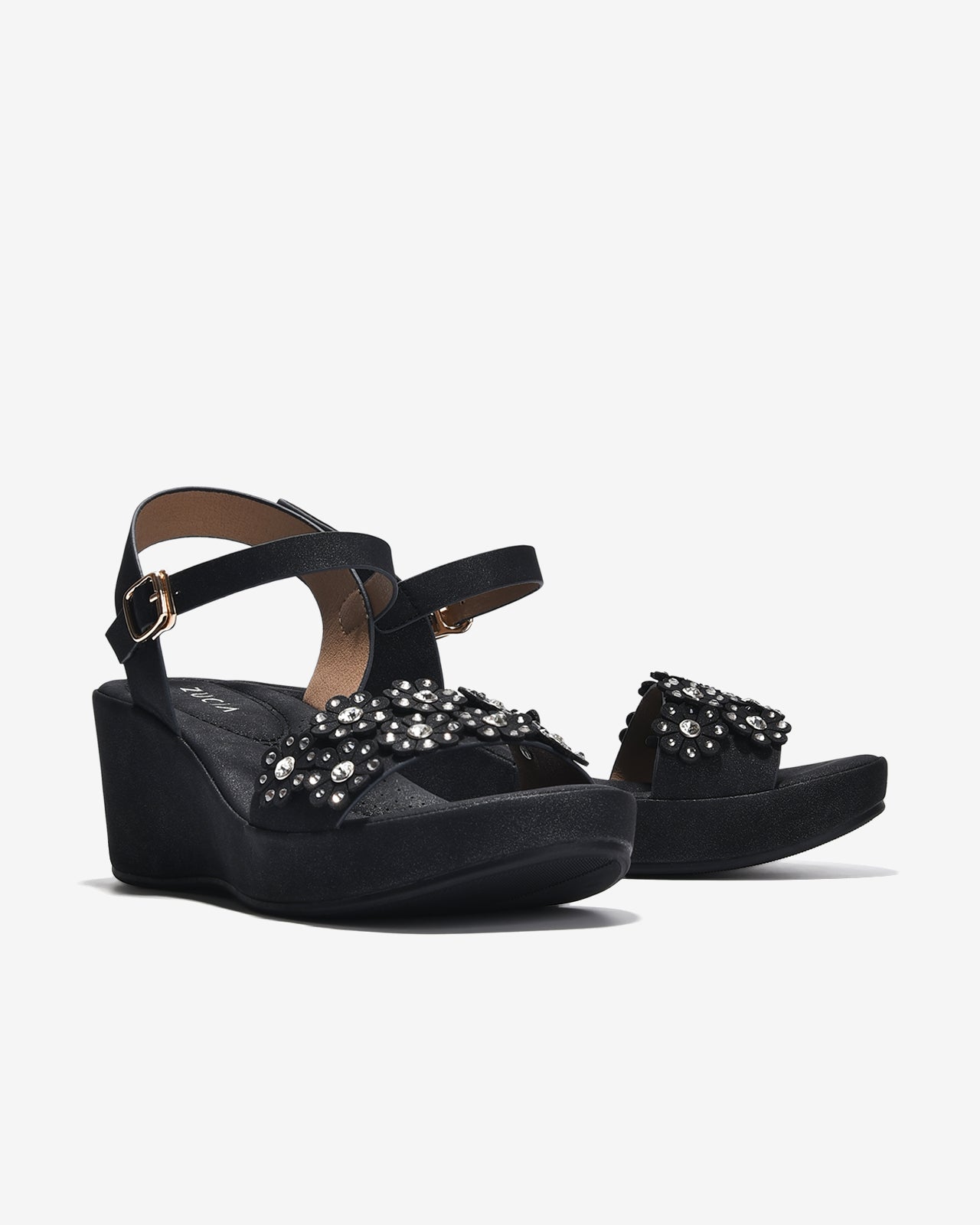 Giày Sandal Cao Gót Zucia Quai Ngang Đính Hoa-SHLK2Đen Color1