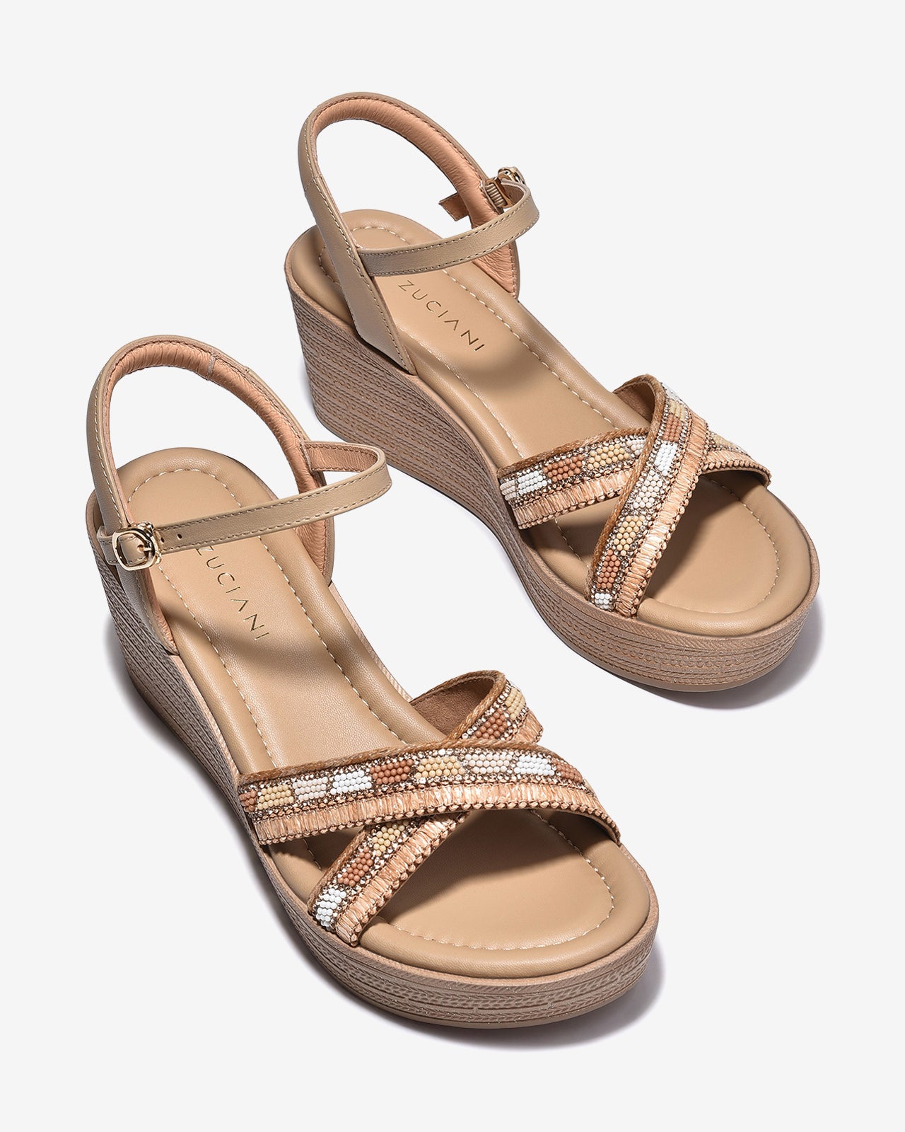 Sandal Xuồng Zuciani 7cm Quai Chéo Đính Hạt-SCM49Cafe Color1