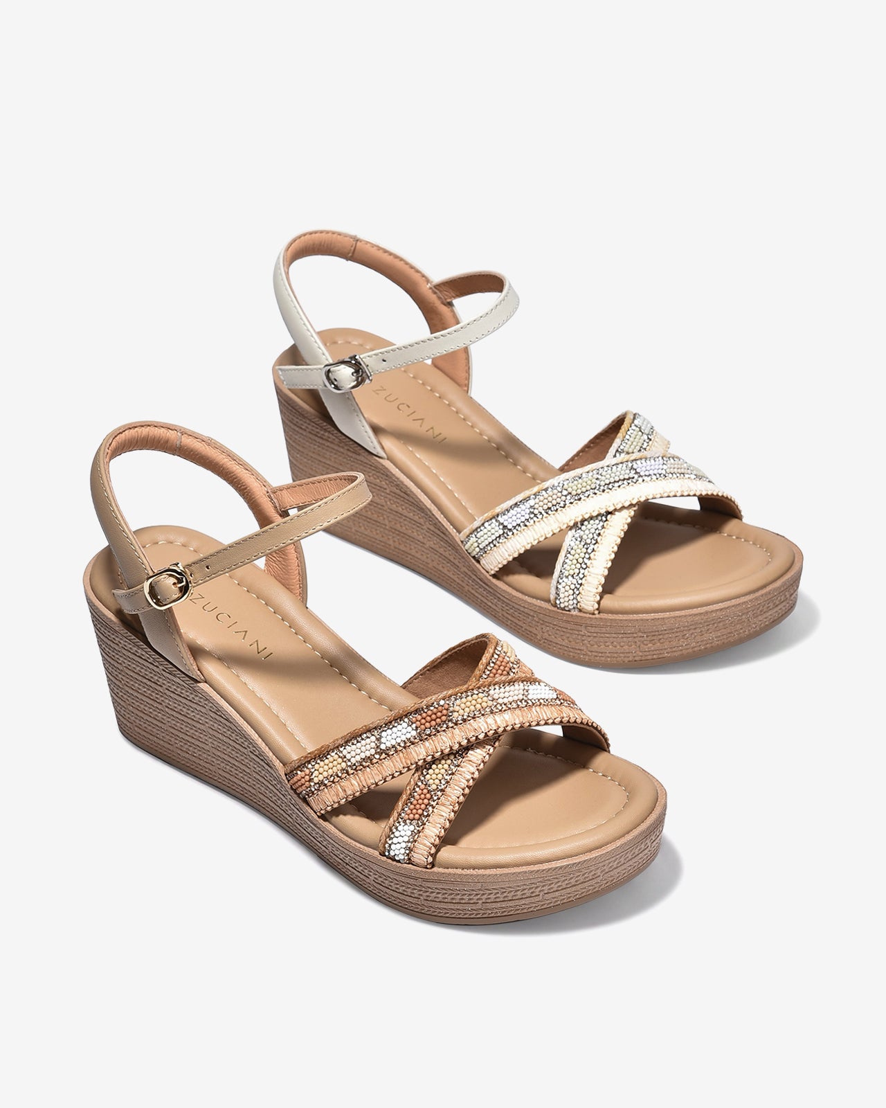 Sandal Xuồng Zuciani 7cm Quai Chéo Đính Hạt-SCM49Cafe Color1