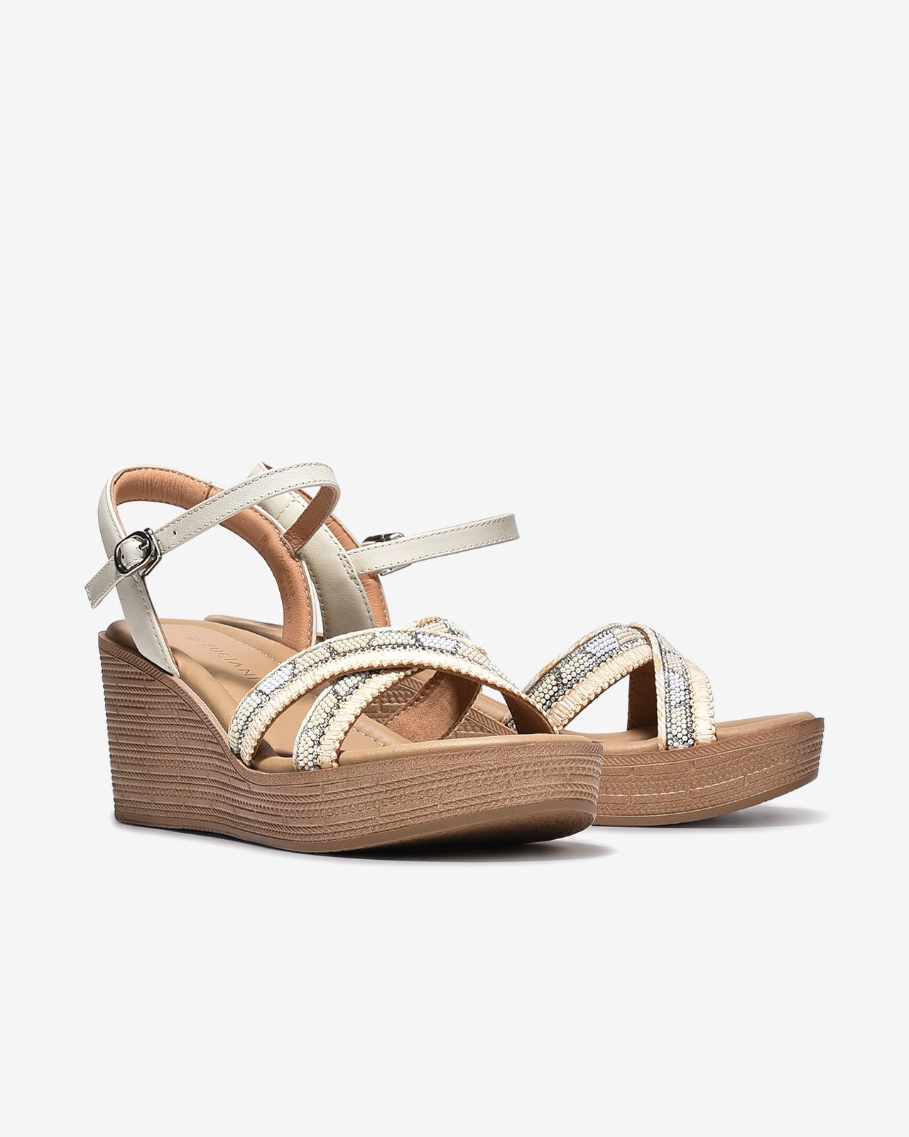 Sandal Xuồng Zuciani 7cm Quai Chéo Đính Hạt-SCM49Kem Color1